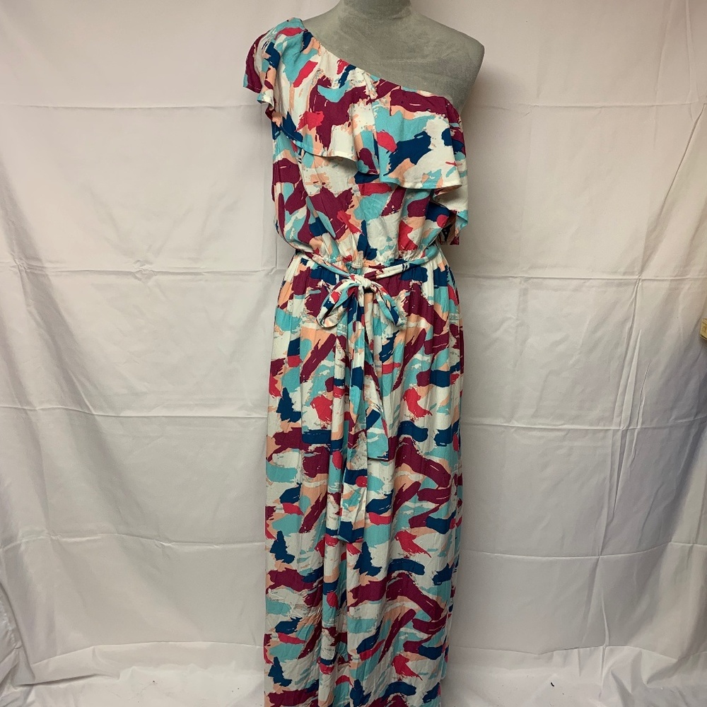 Emily wonder dress plus SZ 1X maxi one shoulder ruffle abstract print NWT